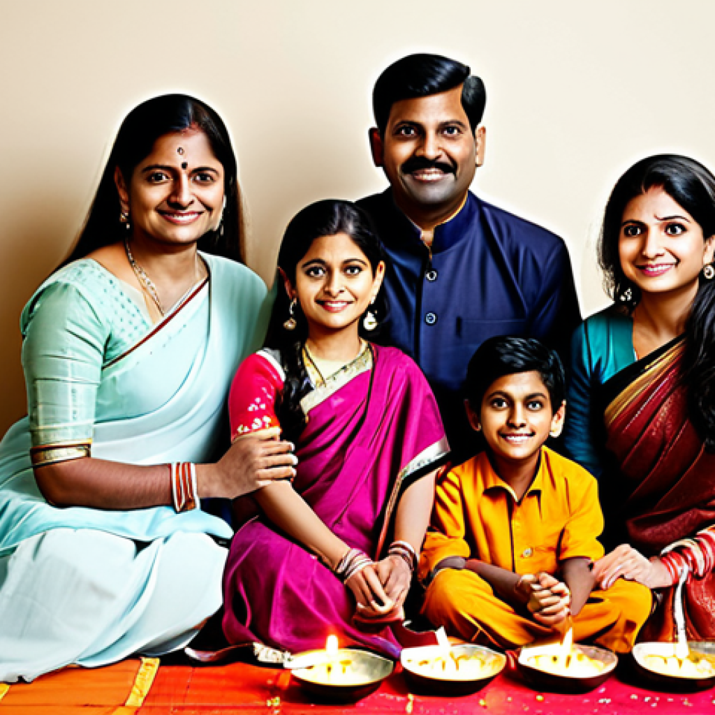 가족사 기록 사례 - **Prompt:** A multigenerational Indian family, fully clothed in traditional attire, gathered for Diw...