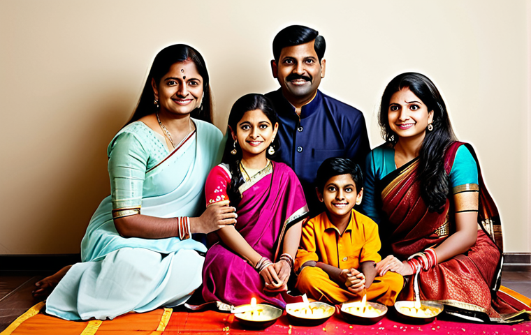 가족사 기록 사례 - **Prompt:** A multigenerational Indian family, fully clothed in traditional attire, gathered for Diw...