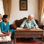 족보와 재산 분쟁 - **Prompt:** A heartwarming scene of a multi-generational Indian family gathered in a cozy, tradition...