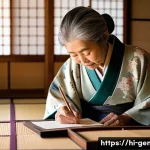 일본 족보와 비교 - **Prompt: "A dignified elderly Japanese woman, elegantly dressed in a modest, traditional kimono, si...